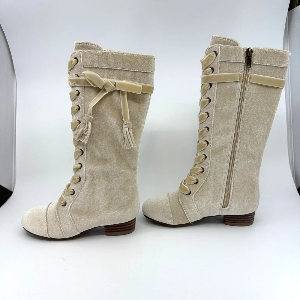 Joyfolie Marija Tall Boots Champagne Velvet Lace Up Tassel Kids Size 12 NEW
